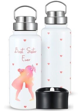 Best Sister Ever White Stainless Water Bottle with Pink Heart Design